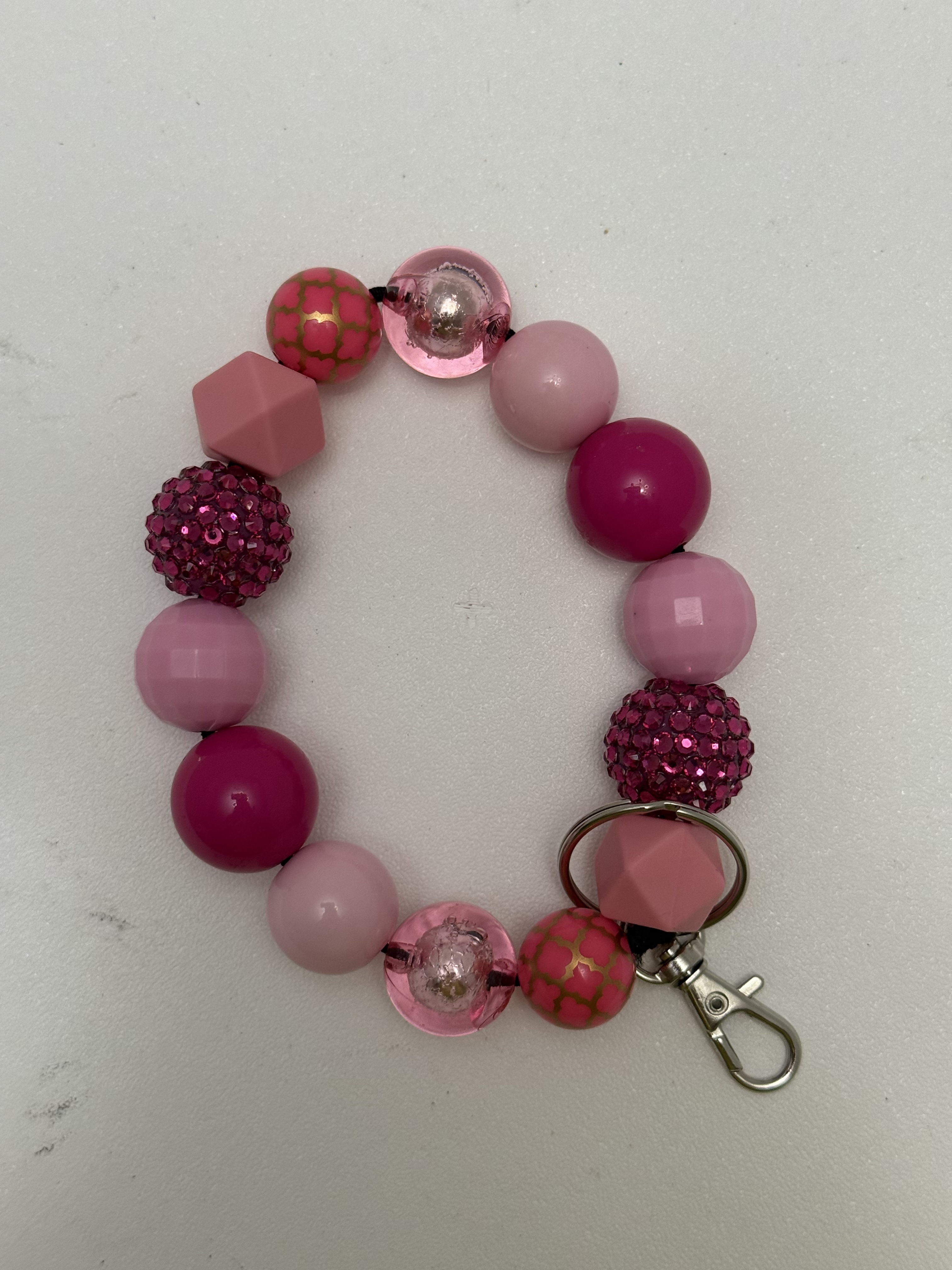 Pink beaded wristlet keychain with rhinestone and faceted beads and silver lobster clasp