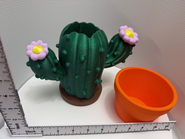 Green cactus top lifted off brown base showing hollow interior next to orange pot