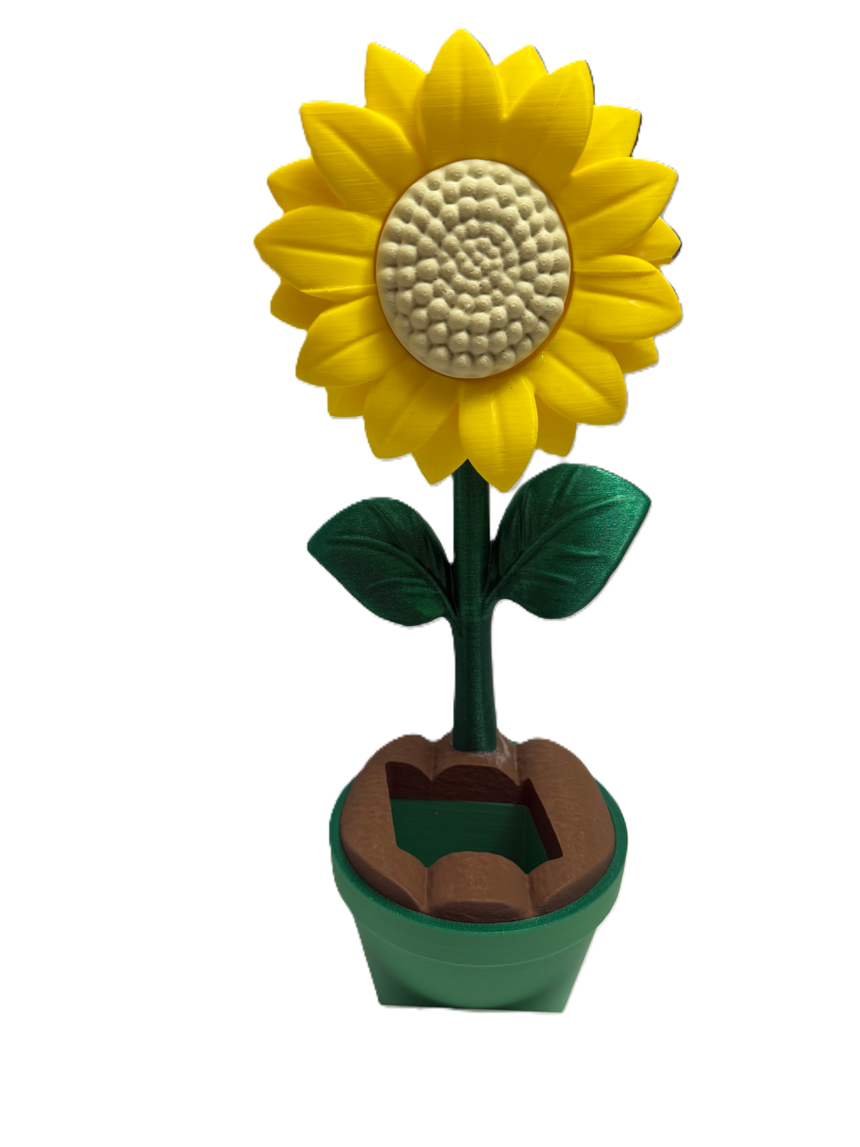 3D printed yellow sunflower with cream textured center in a green pot