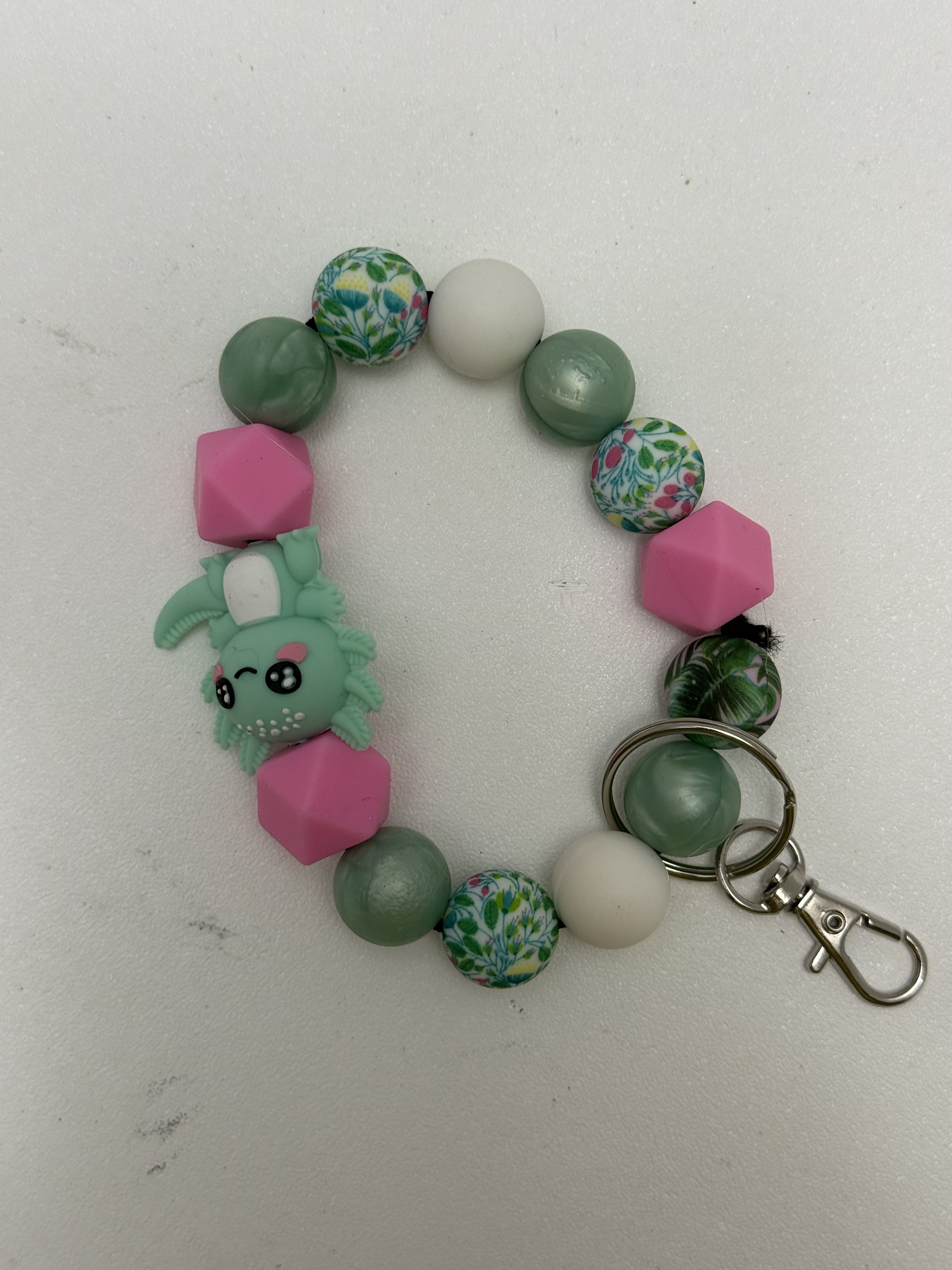 Beaded wristlet keychain with sage, pink, floral beads and kawaii bunny charm